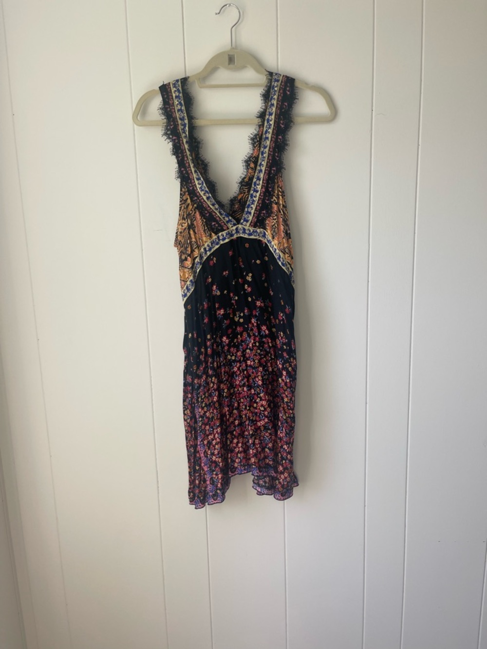 Free People Black Floral V-Neck Mini Dress with Multicolor Trim